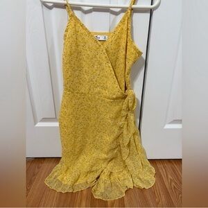 Hollister Yellow Floral Wrap Midi Dress with Ruffle Trim